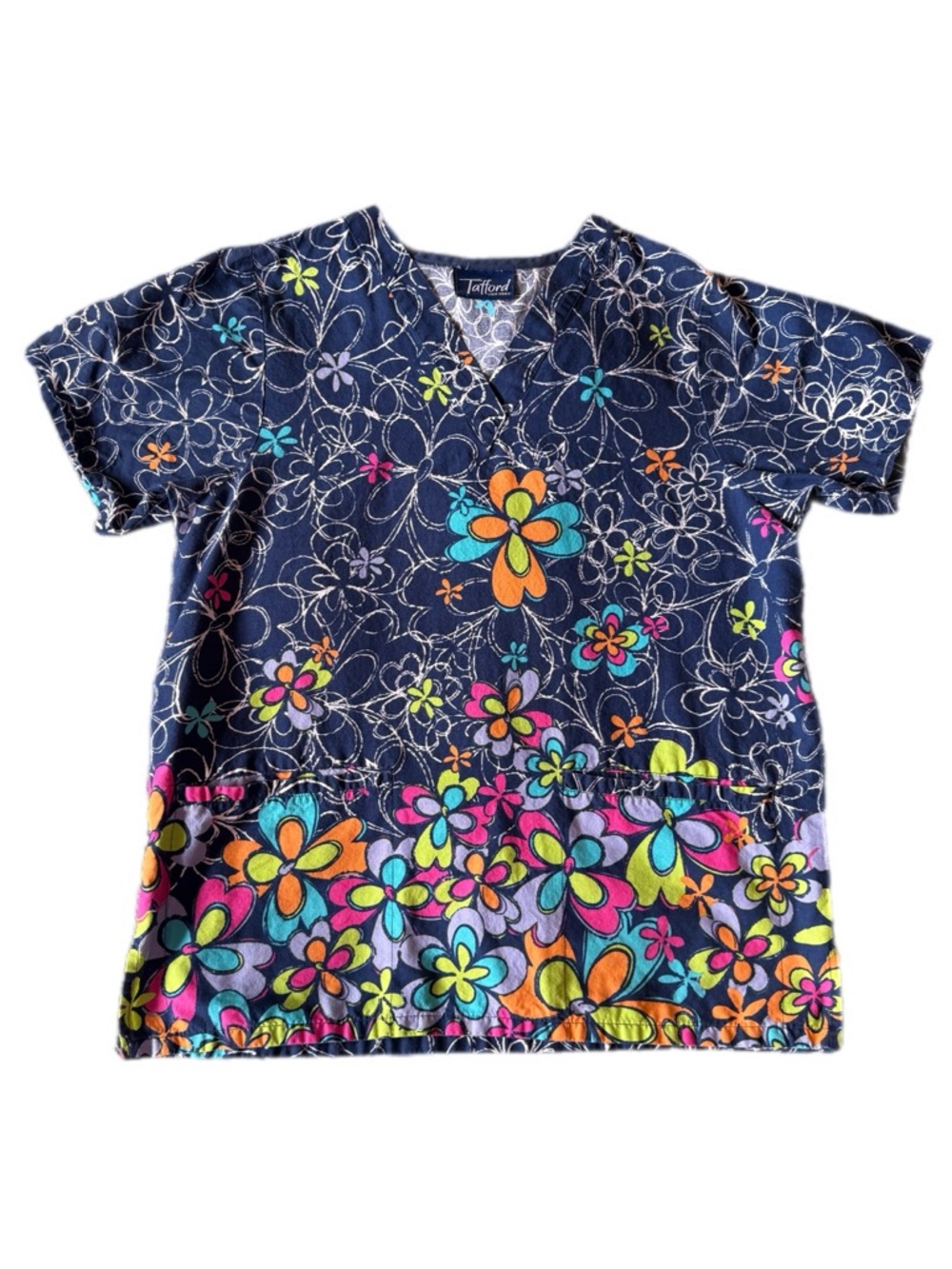 Tafford Colorful Floral Scrub Top - Navy Background